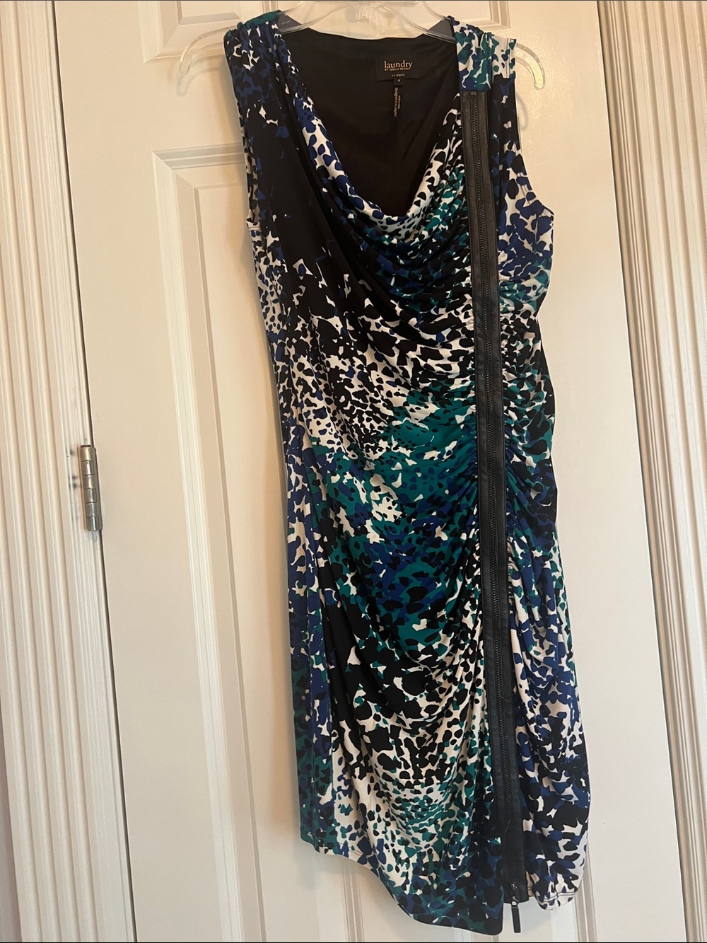 Laundry By Shelli Segal Teal Blue Black Printed Drape-Neck Midi Dress